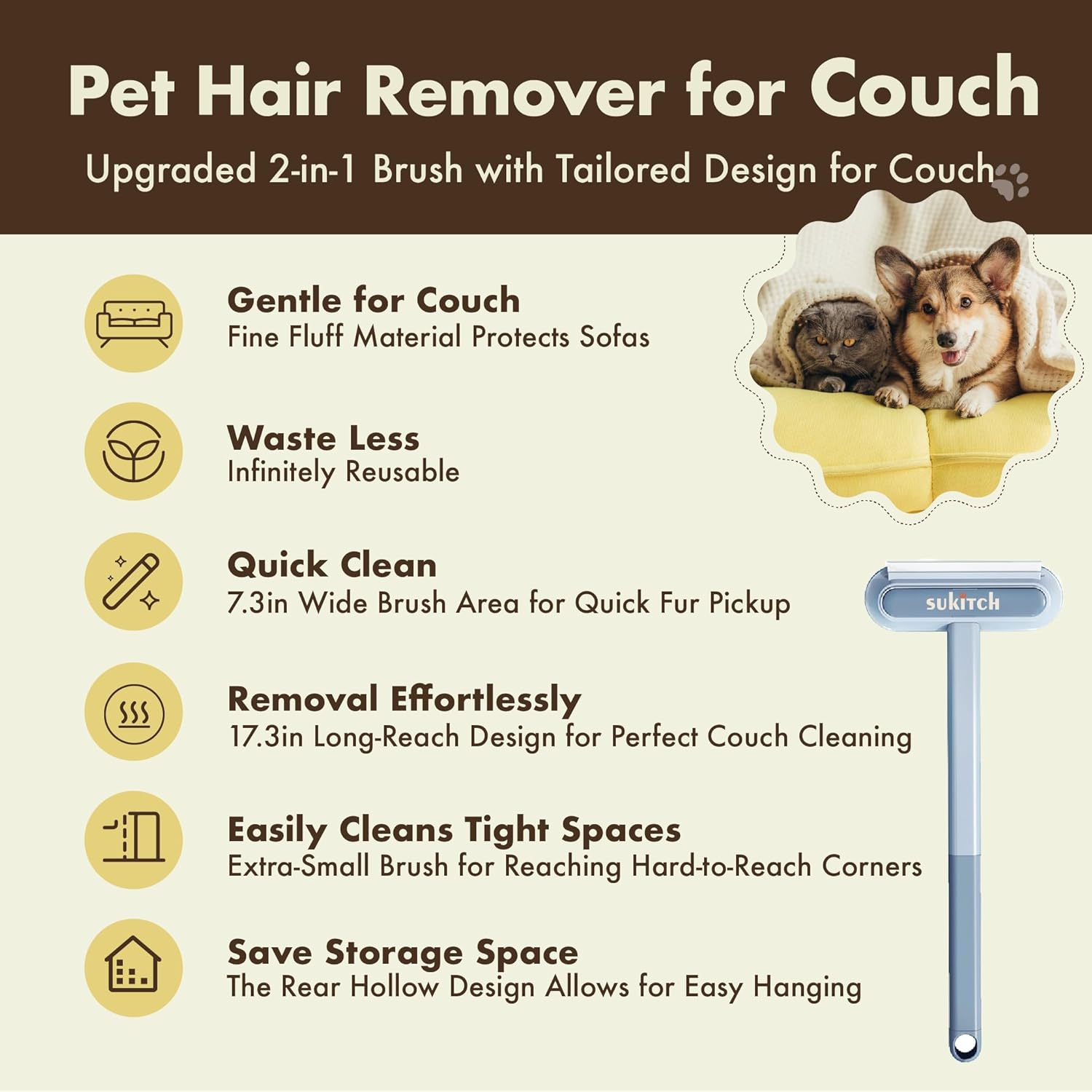 Pet Hair Remover for Couch and Furniture, 17.3-Inch Reusable Washable Lint Cleaner for Dog and Cat Hair, Long Handle for Bedding, Sofa and Fabric Surfaces