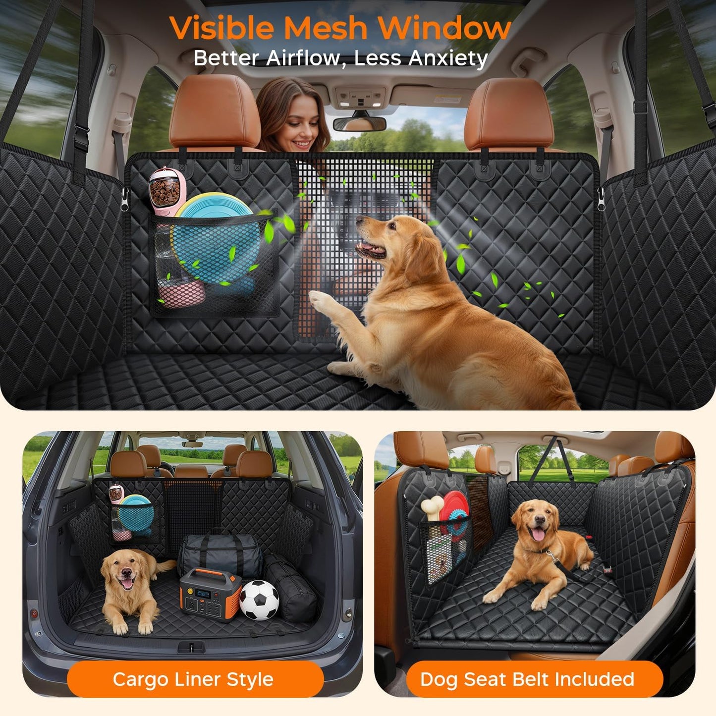 Hard Bottom Dog Car Seat Cover, Back Seat Extender for Cars & Suvs | 400 Lbs Support, 45% More Space, Waterproof, Mesh Window, Scratch Resistant, Non-Slip, Easy Care, Dog Seat Belt Included