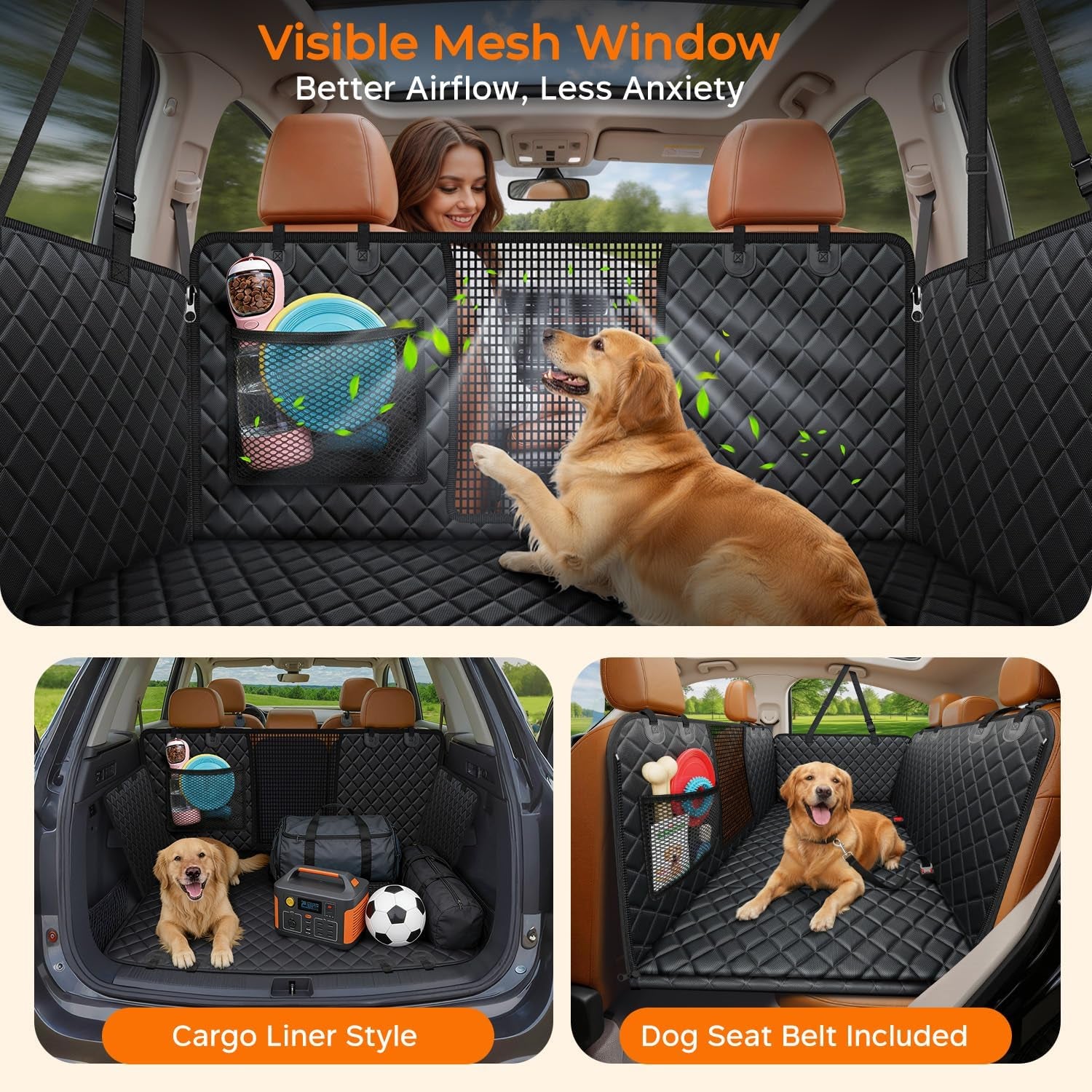 Hard Bottom Dog Car Seat Cover, Back Seat Extender for Cars & Suvs | 400 Lbs Support, 45% More Space, Waterproof, Mesh Window, Scratch Resistant, Non-Slip, Easy Care, Dog Seat Belt Included