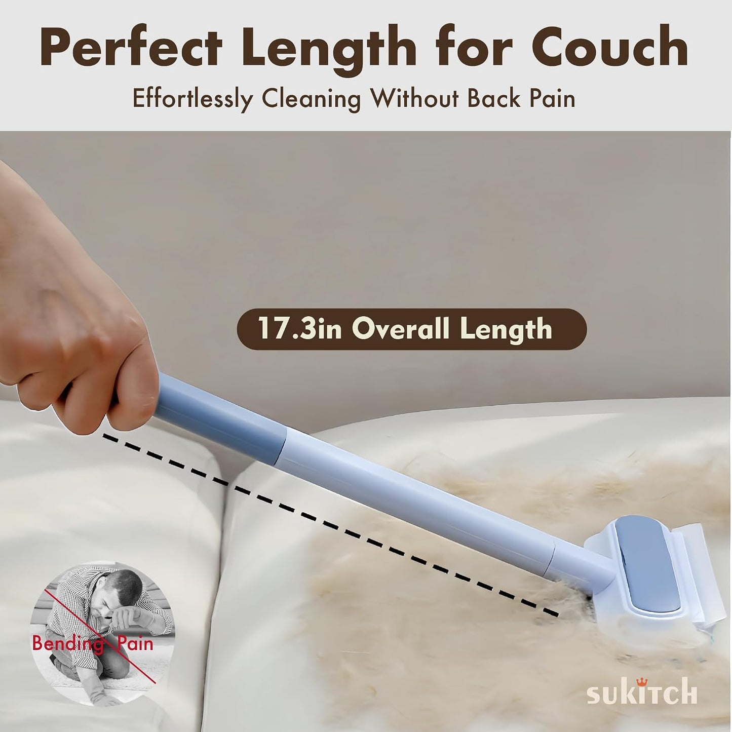 Pet Hair Remover for Couch and Furniture, 17.3-Inch Reusable Washable Lint Cleaner for Dog and Cat Hair, Long Handle for Bedding, Sofa and Fabric Surfaces