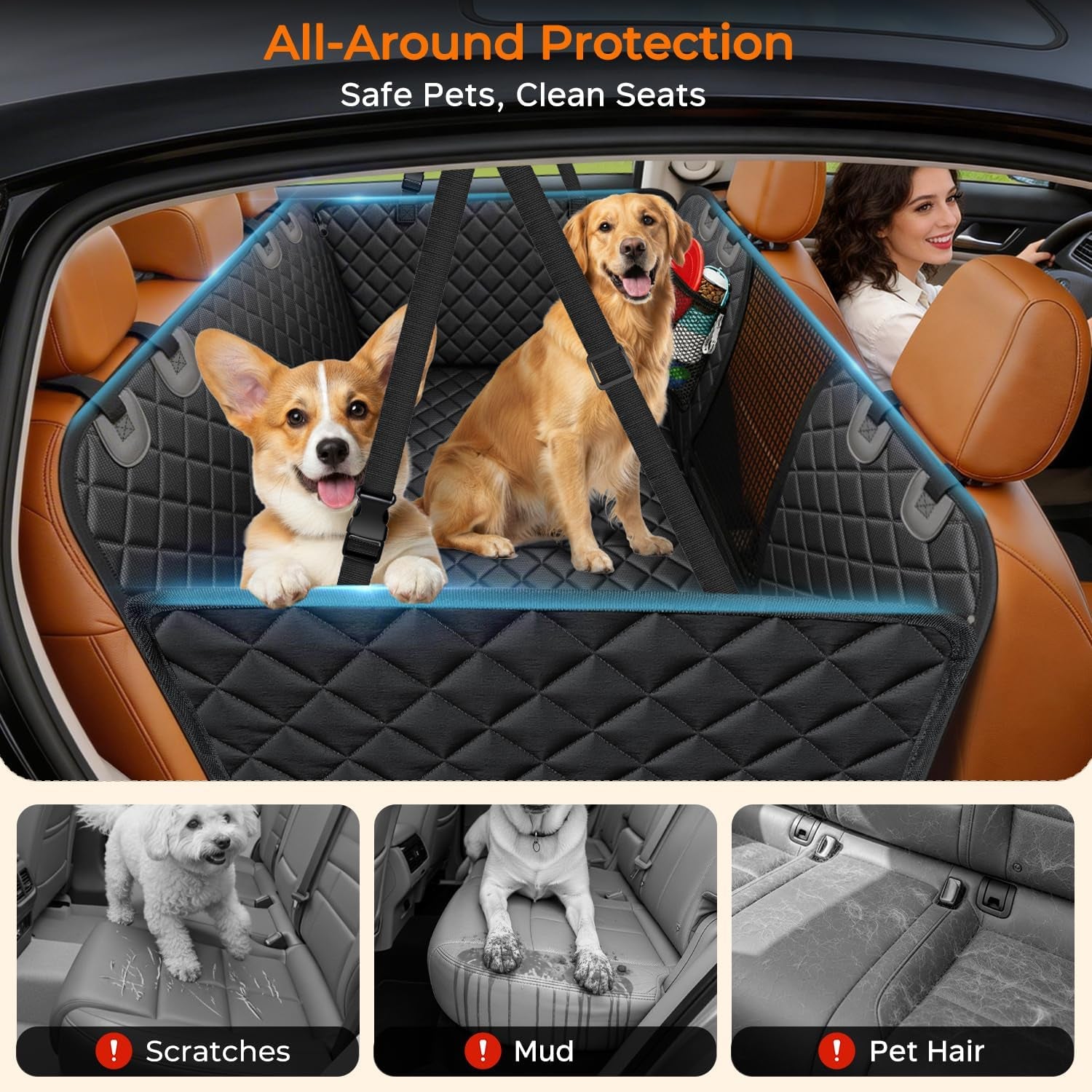 Hard Bottom Dog Car Seat Cover, Back Seat Extender for Cars & Suvs | 400 Lbs Support, 45% More Space, Waterproof, Mesh Window, Scratch Resistant, Non-Slip, Easy Care, Dog Seat Belt Included