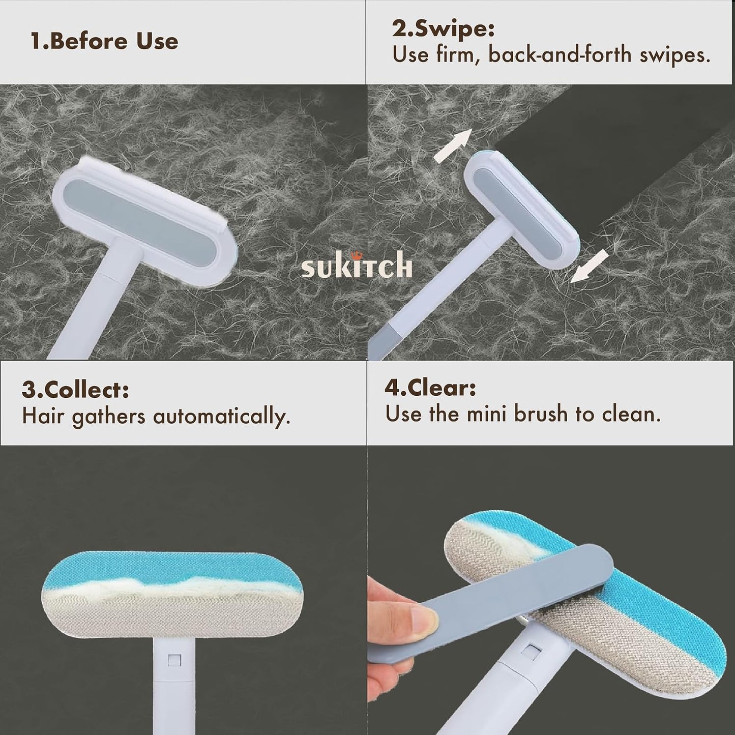 Pet Hair Remover for Couch and Furniture, 17.3-Inch Reusable Washable Lint Cleaner for Dog and Cat Hair, Long Handle for Bedding, Sofa and Fabric Surfaces