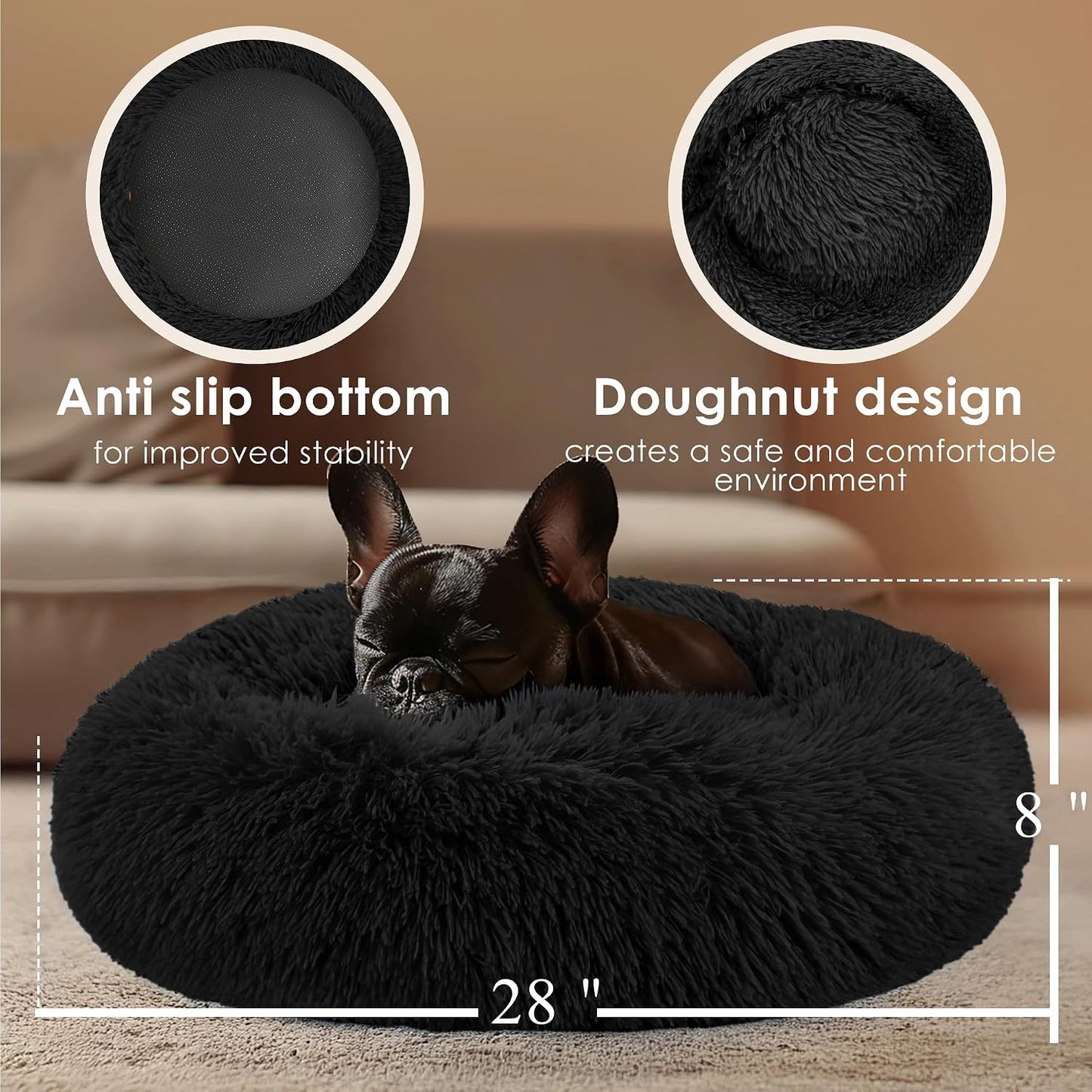 28In Large Dog Bed, Medium Size Dog and Cats, Calming Donut Bed for Puppy and Kitten, Washable round Fluffy Pet Bed (Black)
