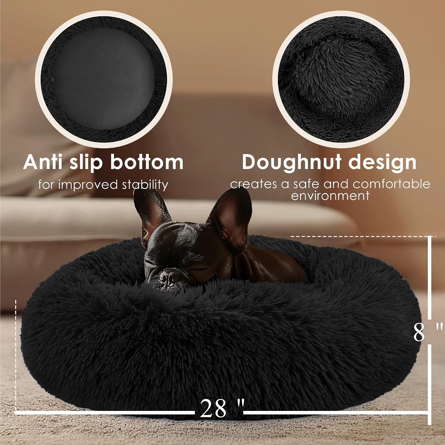 28In Large Dog Bed, Medium Size Dog and Cats, Calming Donut Bed for Puppy and Kitten, Washable round Fluffy Pet Bed (Black)