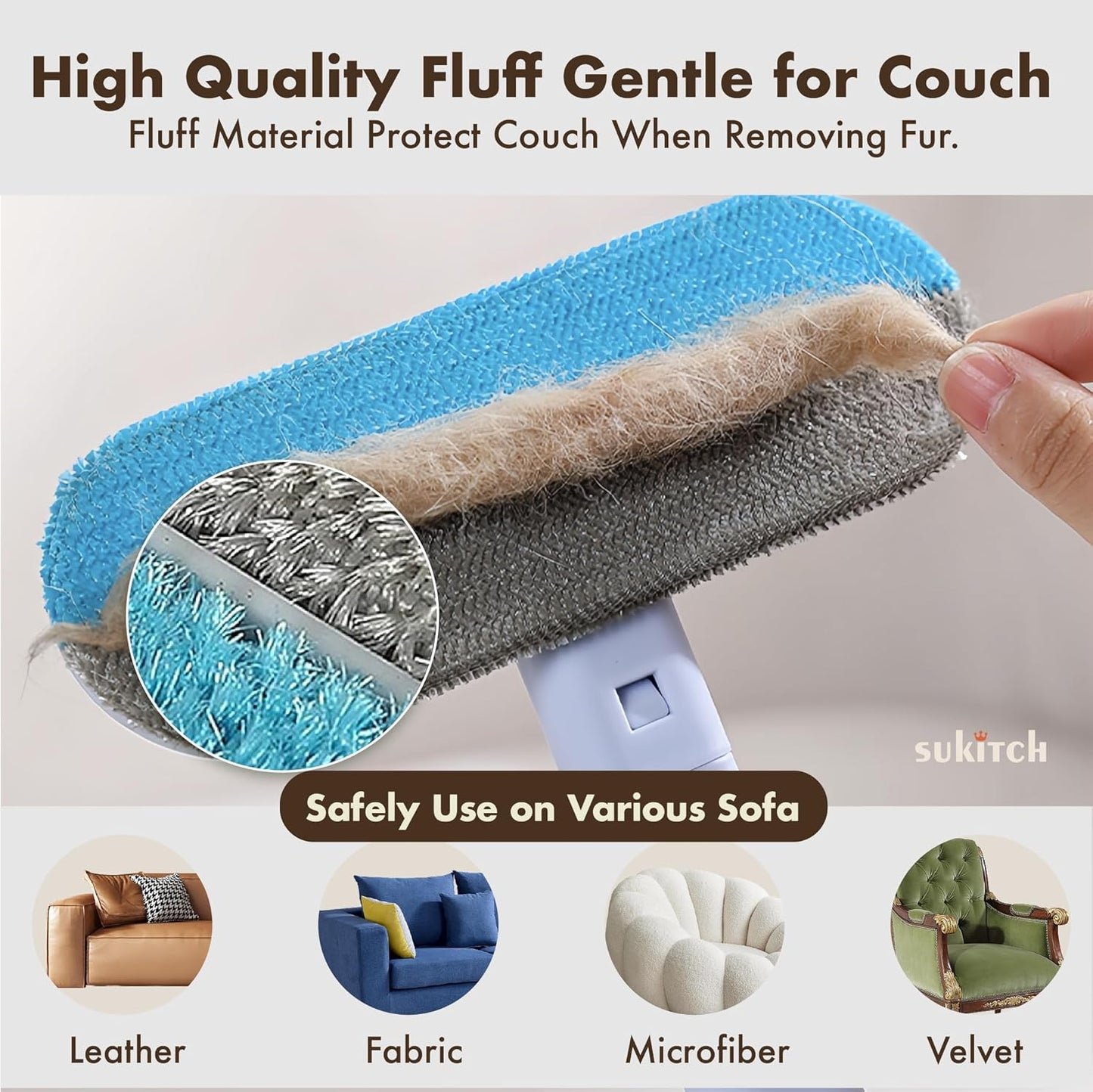 Pet Hair Remover for Couch and Furniture, 17.3-Inch Reusable Washable Lint Cleaner for Dog and Cat Hair, Long Handle for Bedding, Sofa and Fabric Surfaces