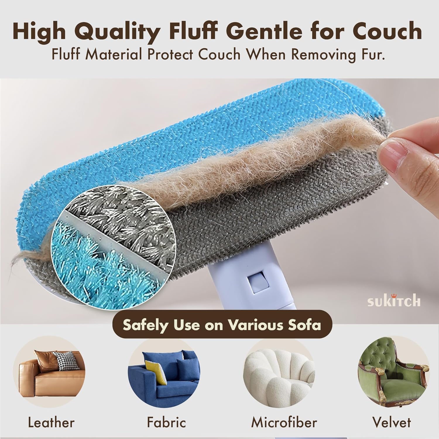 Pet Hair Remover for Couch and Furniture, 17.3-Inch Reusable Washable Lint Cleaner for Dog and Cat Hair, Long Handle for Bedding, Sofa and Fabric Surfaces