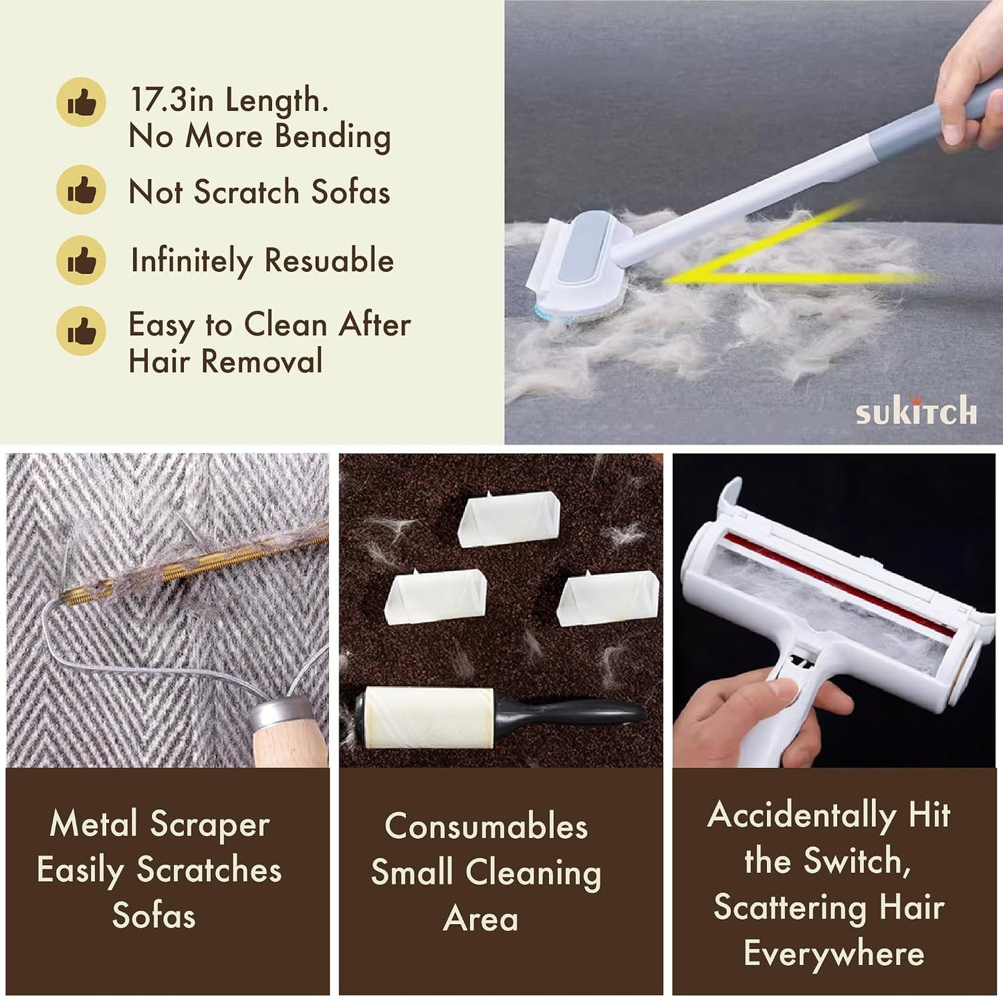 Pet Hair Remover for Couch and Furniture, 17.3-Inch Reusable Washable Lint Cleaner for Dog and Cat Hair, Long Handle for Bedding, Sofa and Fabric Surfaces