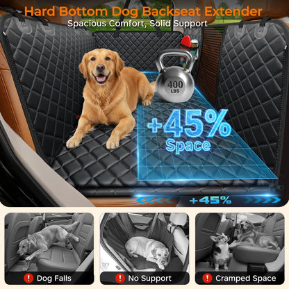 Hard Bottom Dog Car Seat Cover, Back Seat Extender for Cars & Suvs | 400 Lbs Support, 45% More Space, Waterproof, Mesh Window, Scratch Resistant, Non-Slip, Easy Care, Dog Seat Belt Included